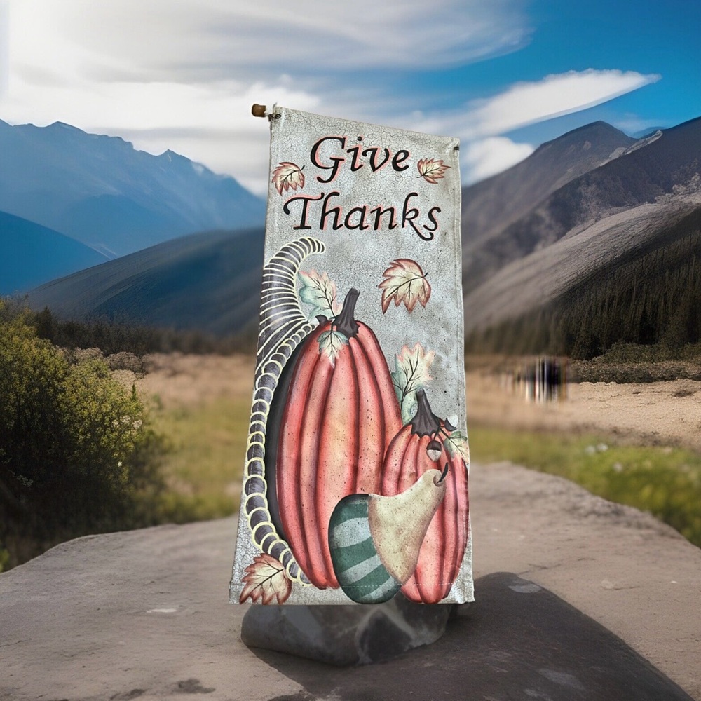 Fall Holiday Decor Banner With Hanger Give Thanks Pumpkin 29x12 Thick Vinyl